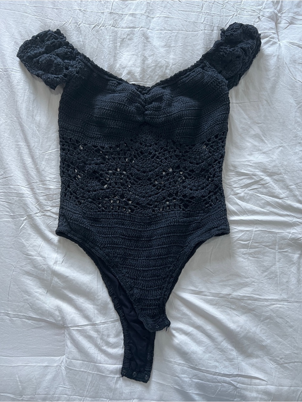Free People Black Crochet Puff-Sleeve Bodysuit